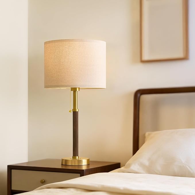 Wood Table Lamps 22" Mid Century Modern Lamps for Bedroom Living Room Lamps | Pull Chain Lamps Set of 2, Walnut Mcm Bedside Lamps for Night Stands, Vintage Small Side Table Lamps Buffet Nursery Decor