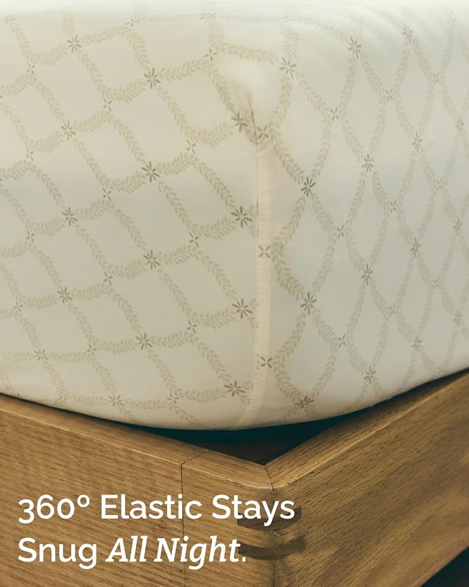 Full 4 Piece Floral Sheet Set - Soft, Breathable & Cooling - French Trellis | 1 Flat, 1 Fitted & 2 Pillowcases w/ Deep Pockets, Boho Botanical Floral Bedding, Breathable & Cooling, Wrinkle & Fade Free