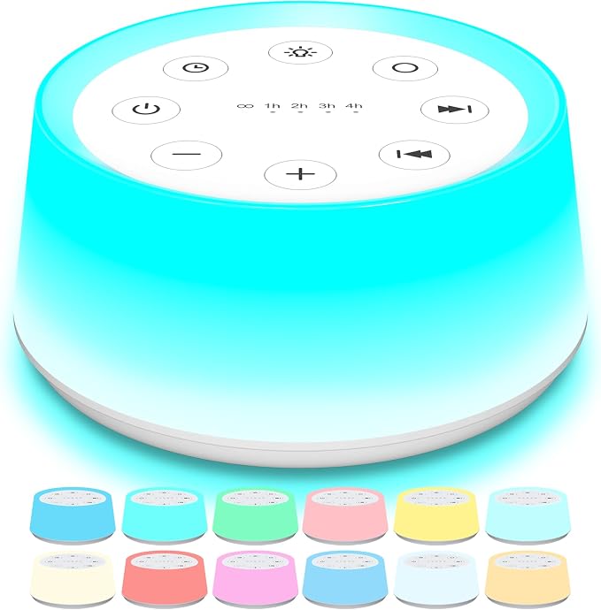 ColorsNoise White Noise Machine with 30 Sleep Music 5 Timers 12 Colors Baby Night Light with Memory Function Sound Machine for Sleep Nursery Home Travel(T-White)