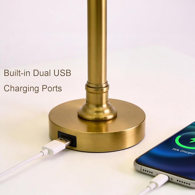 19.5" Small Table Lamp for Bedroom, Modern Brass Gold Lamp, USB A+C | Pull Chain Switch Bedside Table Lamps, White Shade, Small Nightstand Lamps for Living Room End Table & Desk Light