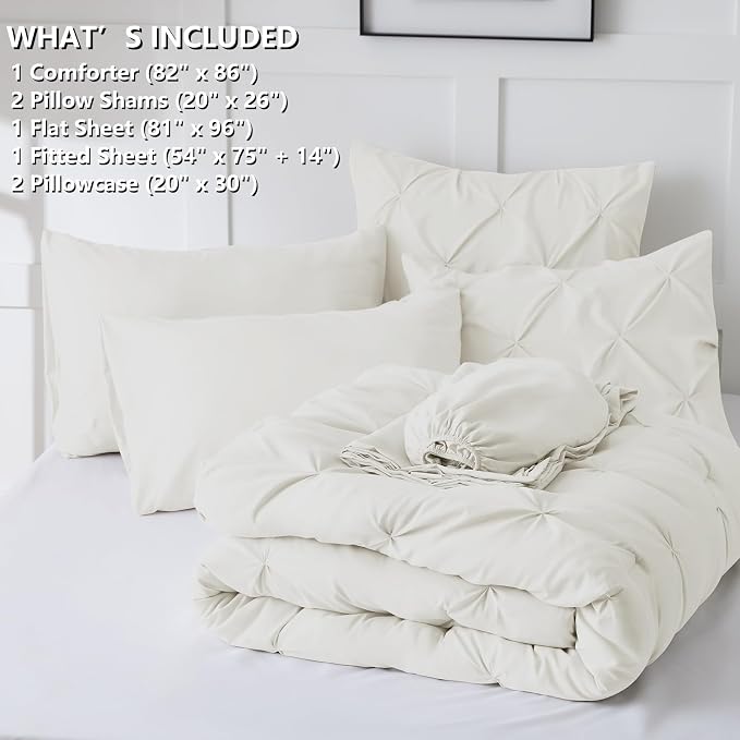 HIMEET Pintuck Bed in a Bag, 7 Pieces Full Size Comforter Set Ivory, Luxury Pinch Pleat Bed in a Bag, Soft All Season Bedding Sets with Comforter, Flat Sheet, Fitted Sheet and Pillowcases & Shams