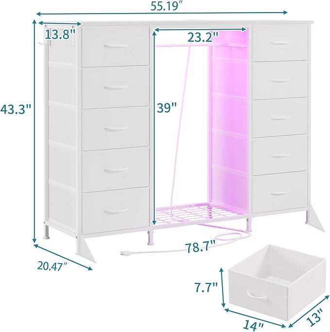 LUMTOK 55"W Dresser with Hanging Rack,10 Fabric drawers & Hooks for Bedroom | White 10 Drawers Dresser with LED Lights, Charging Station,chest of drawers with wooden top for clothing storage organization