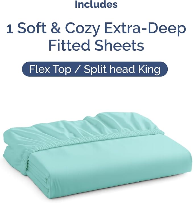Extra Deep Flex Top Split Head King Fitted Sheet - Hotel Luxury Single Fitted Sheet Only - Easily Fits 18 inch to 24 inch Mattress - Ultra Soft, Wrinkle Free w/Extra Deep Pockets - Spa Blue
