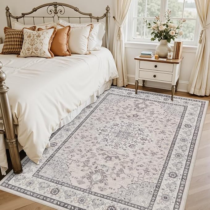 6x9 Area Rugs Living Room: Bedroom Washable Carpet Beige & Grey | Large Vintage Boho Indoor Decor Neutral Soft Nursery Farmhouse Dining Room Office Floor Non-Slip Low Pile Under Table Rug