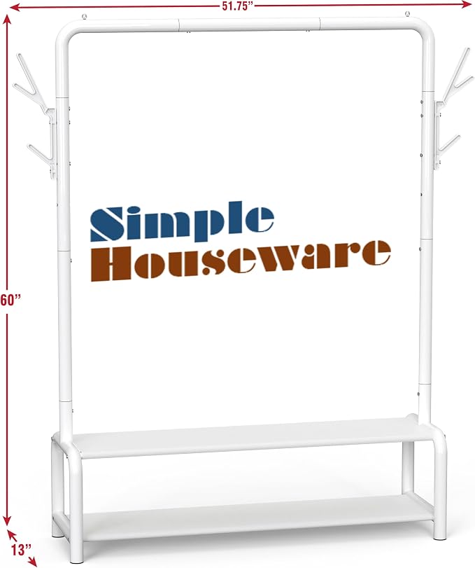 Simple Houseware 52" W Freestanding Closet Garment Rack with Shelves, White | With 600D Fabric Shelves, Hanger Stoppers, and Hooks for Coat & Hat