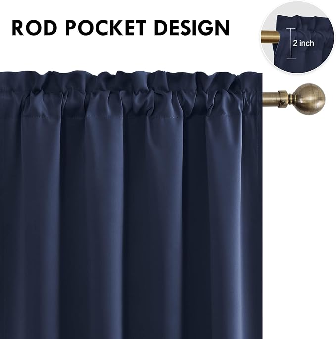 DWCN Wide Blackout Curtains for Bedroom Living Room 70 x 63 Inch Long Navy | 2 Panels Set, Room Darkening, Thermal Insulated, Light Blocking, Rod Pocket Drapes, Noise Reducing Window Treatments