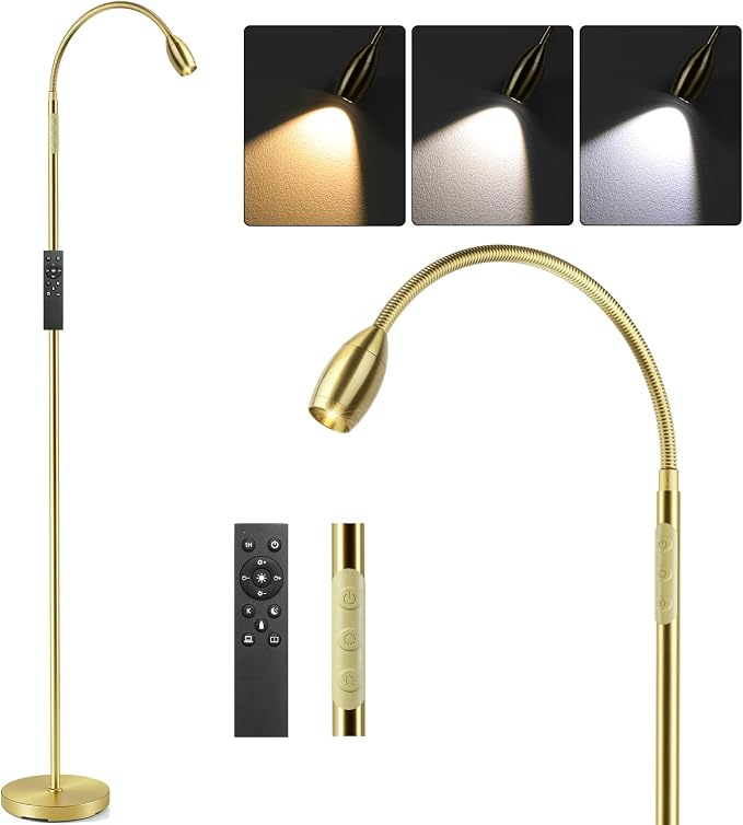 Reading Floor Lamp, 72" LED Dimmable Lamp with Gooseneck,Zoomable Spotlight | Adjustable Color Beam Standing Lamp, Touch & Remote Control, Task Craft, Sewing, Bedroom Living Room, Office, Light Gold