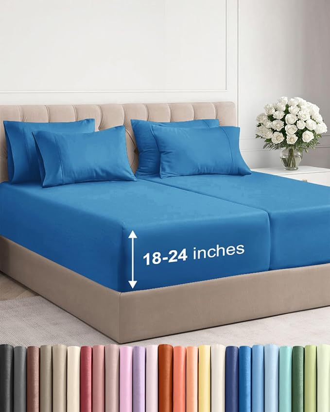 Extra Deep Split King Sheet Set - 7 Piece Breathable & Cooling - Denim Blue | Hotel Luxury Bed Sheets Set, Easy & Secure Fit, Ultra-Soft, Wrinkle & Fade Free, Comfy Sheets Set with Extra Deep Pockets