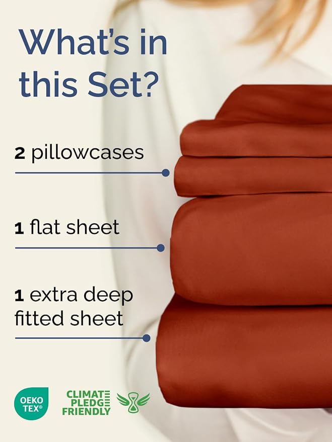 Extra Deep Twin Sheet Set - 4 Piece Breathable Cooling Sheets - Terracotta | Hotel Luxury Bed Sheets Set, Easy & Secure Fit, Ultra-Soft, Wrinkle & Fade Free, Comfy Sheets Set with Extra Deep Pockets
