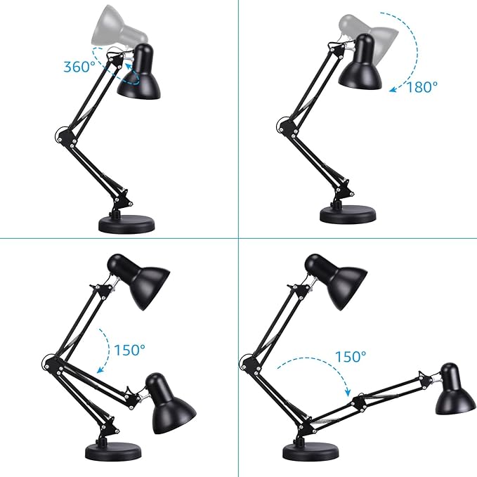TORCHSTAR Metal Desk Lamp, Adjustable Swing Arm, E26, Black | Architect Gooseneck Multi-Joint Clip Table Lamp with Plastic Clamp, for Home Office, Work, Study, Reading, Bulbs not Included