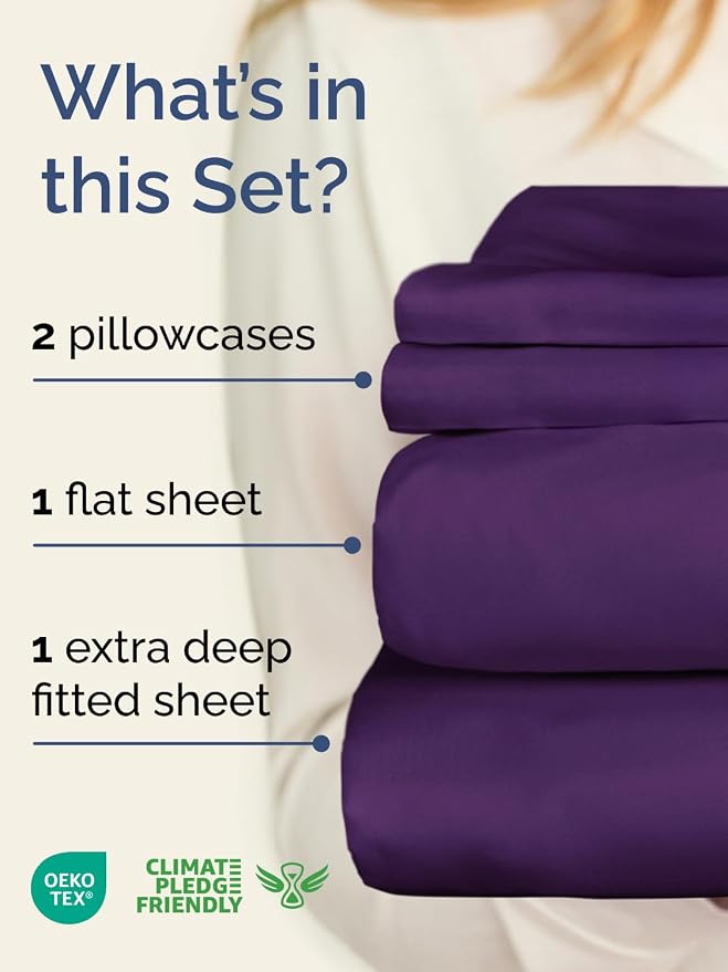 Extra Deep Cal King Sheet Set - 4 Piece Breathable Cooling Sheets - Purple | Easily Fits 18 to 24 inch Mattress, Ultra Soft, Wrinkle & Fade Free with Extra Deep Pockets, Comfy Hotel Luxury Bedding