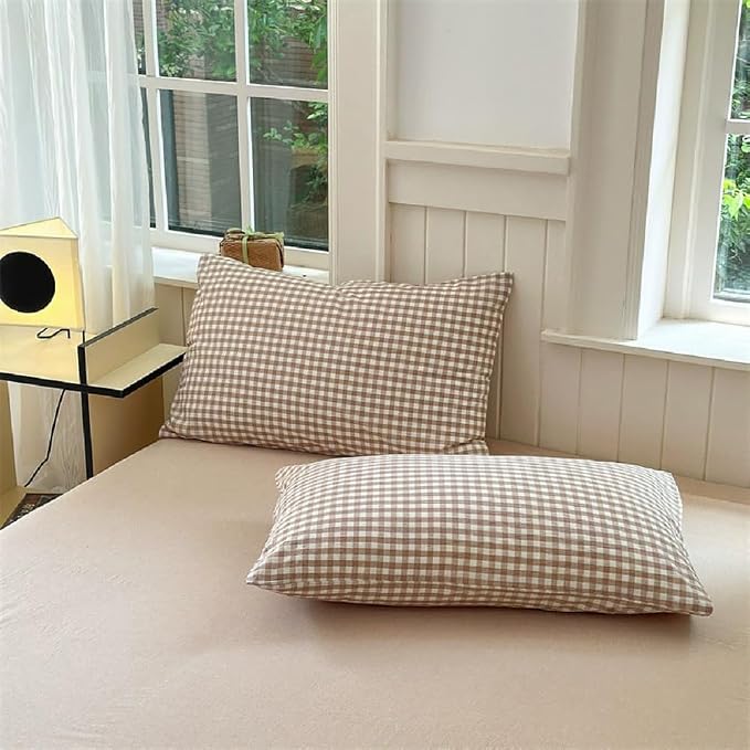 Nayoroom Brown Gingham Duvet Cover Set King Tan Plaid Checkered Bedding | Soft Breathable Washed Microfiber, All-Season Comfort, Hidden Zipper, 4 Corner Ties, Modern Farmhouse Cottage, Dorm Bedding