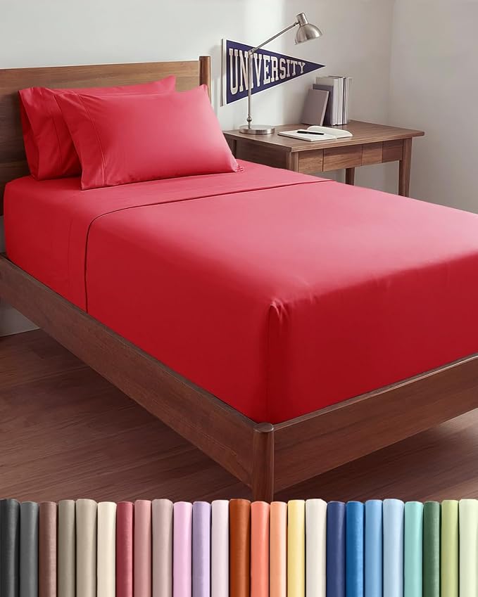 Extra Deep Twin XL Sheet Set - 4 Piece College Dorm Room - Red | College Dorm Room Essentials, Easy & Secure Fit, Ultra-Soft, Wrinkle & Fade Free, Comfy Sheets Set with Extra Deep Pockets