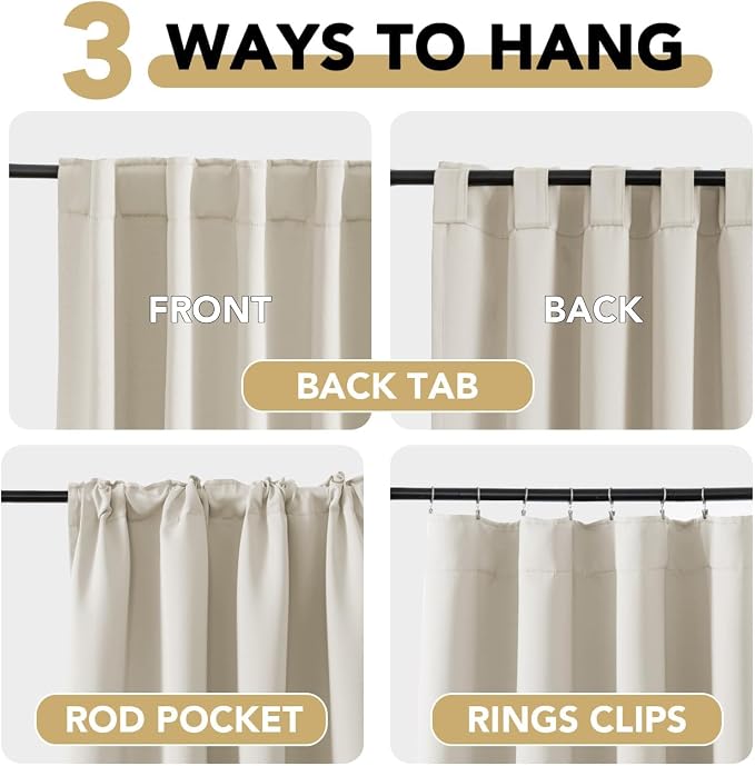 H.VERSAILTEX Back Tab Curtains 90 Inch Long for Living Room, Rod Pocket Room Darkening Thermal Insulated Blackout Curtains, 52 x 90 Inch, Ivory, 2 Panels