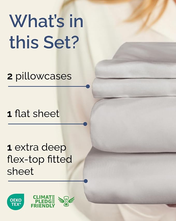 Flex Top Split Head King Sheet Set - 4 Piece Extra Deep - French Grey | Easily Fits 18 to 24 inch Mattress, Ultra Soft, Wrinkle & Fade Free with Extra Deep Pockets, Comfy Hotel Luxury Bedding