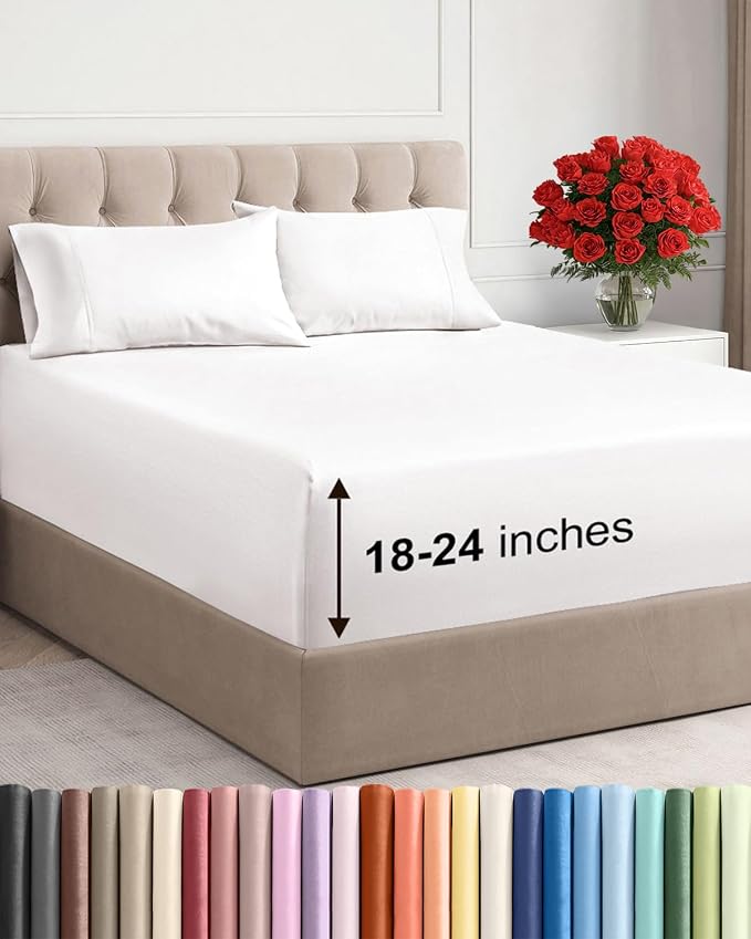 Extra Deep Queen Sheet Set - 4 Piece Breathable & Cooling - Antique White | Easily Fits 18 to 24 inch Mattress - Ultra Soft, Wrinkle & Fade Free with Extra Deep Pockets - Comfy Hotel Luxury Bedding
