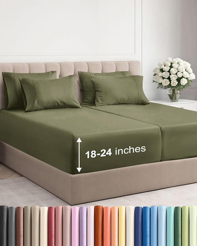 Extra Deep Split King Sheet Set - 7 Piece Breathable & Cooling - Sage Green | Hotel Luxury Bed Sheets Set, Easy & Secure Fit, Ultra-Soft, Wrinkle & Fade Free, Comfy Sheets Set with Extra Deep Pockets