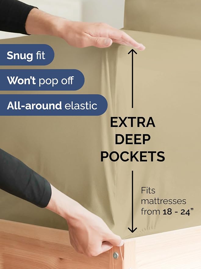 Extra Deep Twin Fitted Sheet - Single Fitted Sheet Only - Beige | Easily Fits 18 inch to 24 inch Mattress, Soft, Wrinkle Free, Breathable & Comfy, Extra Deep Pockets Hotel Luxury Fitted Sheet