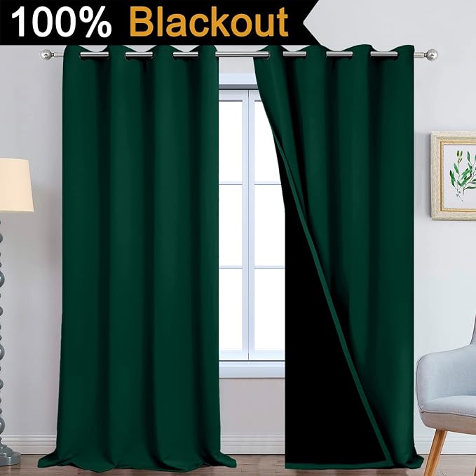 Yakamok Dark Green 100% Blackout Curtains 108 Inches Long 52" Wide 2 Panels | Blackout Curtain Panels for Bedroom, 2 Thick Layers Grommet Top Thermal Insulated Drapes with Black Liner for Living Room