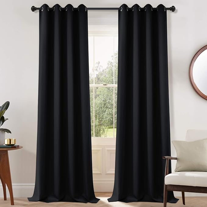 Yakamok Room Darkening Curtains 52x108 inch Length Black-Living Room | 2 panels,grommet blackout window treatment,thermal insulated,light blocking drapes,privacy protection,bedroom dining room