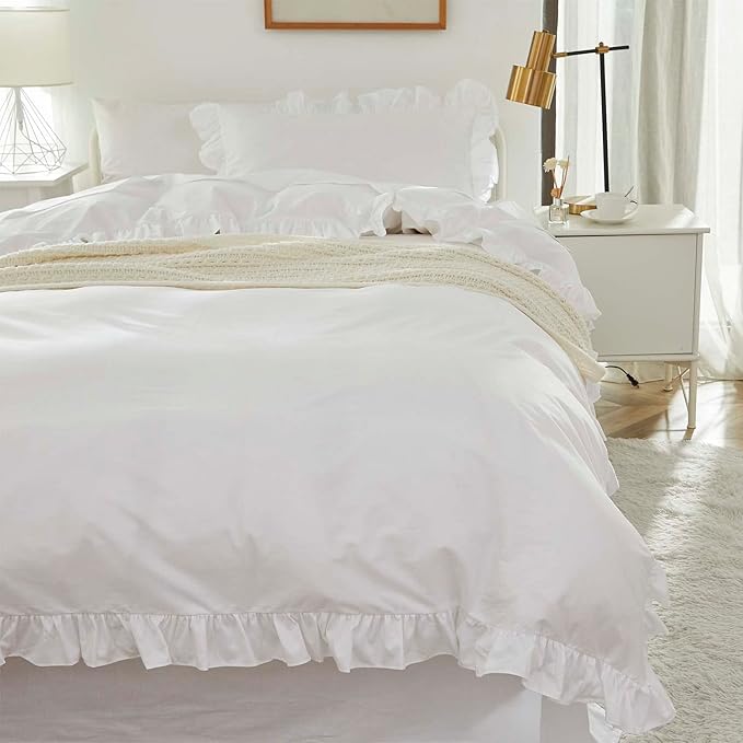 Brandream Kid's Duvet Cover Full/Queen Size 100% Organic Cotton 3pcs Boys Girl Bedding Duvet Cover Shams Set, Delicate Ruffle Fringe Solid Color Soft and Breathable (White)