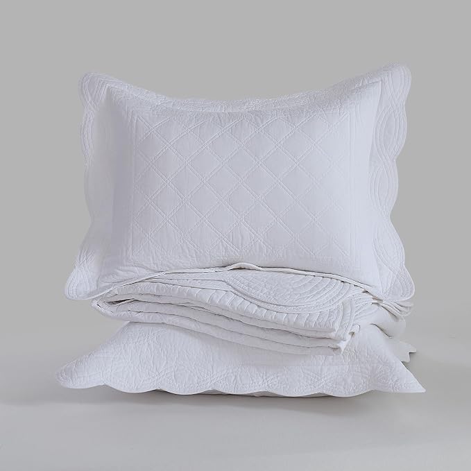meadow park Quilt Set Queen Size - 3 Pieces, 100% Cotton Lightweight Coverlet with Diamond Pattern and Scallop Edges, Ultra Soft, Pet-Friendly, All-Season Use, White