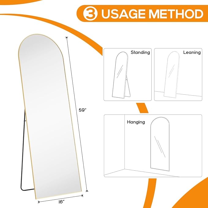 16"x59" Arched Mirror Full Length, Upgraded Body Wall Mirrors | Shatter-Proof Glass, Floor Standing, Hanging or Leaning, Tall Arch Mirror with Stand Aluminum Alloy Frame for Bedroom, Gold