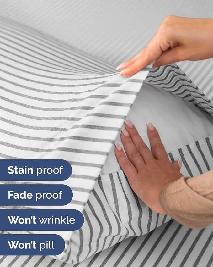 Flex Top Split Head King Sheet Set - 4 Piece Extra Deep - Grey Stripes 2 | Easily Fits 18 to 24 inch Mattress, Ultra Soft, Wrinkle & Fade Free with Extra Deep Pockets, Comfy Hotel Luxury Bedding