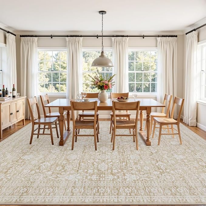 8x10 Area Rugs Living Room: Bedroom Washable Carpet Natural Beige | Large Vintage Boho Indoor Decor Carpets Soft Nursery Farmhouse Dining Room Office Floor Non-Slip Low Pile Under Table Rug