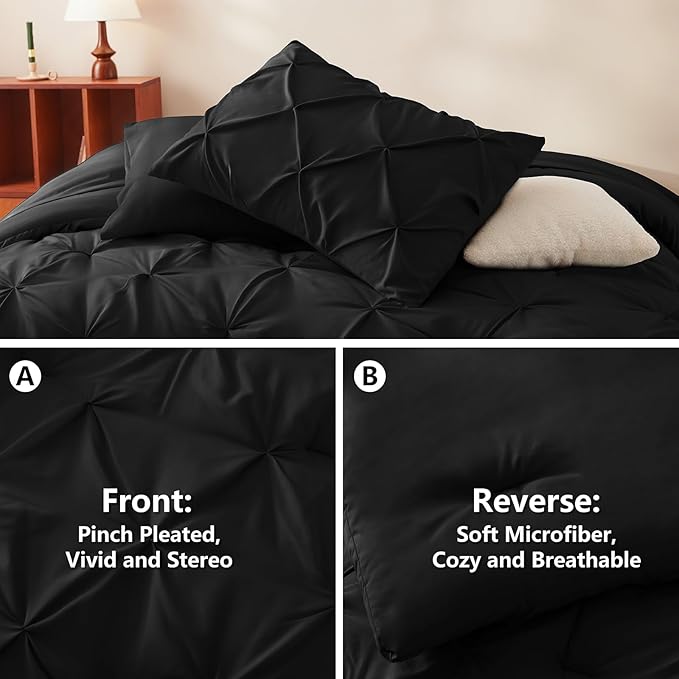 Twin XL Comforter Set Black, 5 Pieces Pintuck Bed in a Bag | College Dorm Essentials, OEKO-TEX 100 Certified, 240GSM All Season, Down-Alternative Comforter, Sheets, Pillowcase & Sham