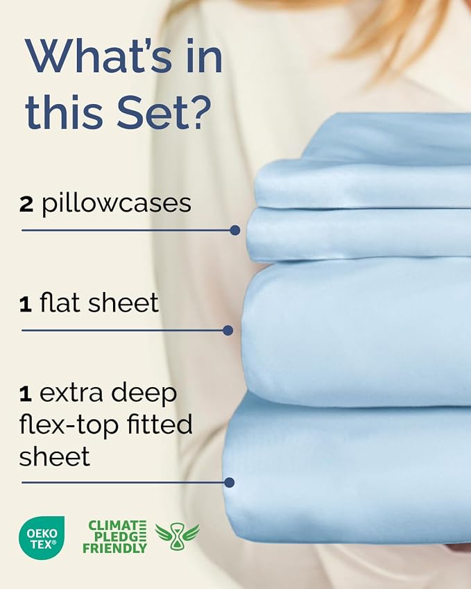 Flex Top Split Head King Sheet Set - 4 Piece Extra Deep Sheets - Light Blue | Easily Fits 18 to 24 inch Mattress, Ultra Soft, Wrinkle & Fade Free with Extra Deep Pockets, Comfy Hotel Luxury Bedding
