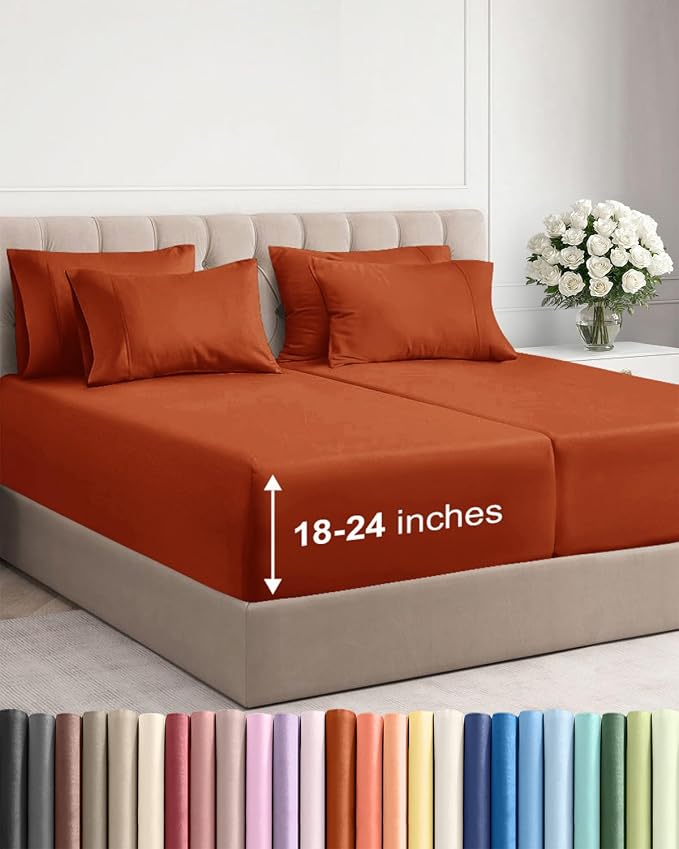 Extra Deep Split King Sheet Set - 7 Piece Breathable & Cooling - Terracotta | Hotel Luxury Bed Sheets Set, Easy & Secure Fit, Ultra-Soft, Wrinkle & Fade Free, Comfy Sheets Set with Extra Deep Pockets