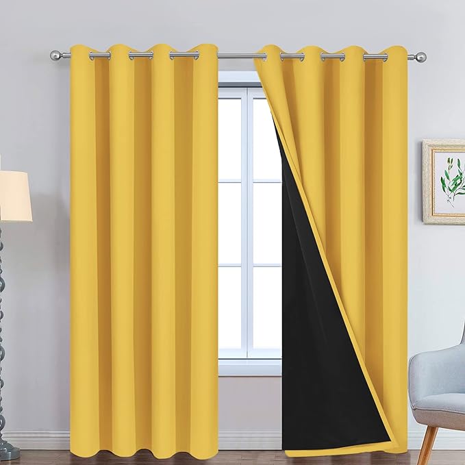 Yakamok Mustard Yellow Blackout Curtains Panels 84 Inches Long, 52" Wide | Blackout Curtain Panels for Bedroom, 2 Thick Layers Grommet Top Thermal Insulated Drapes with Black Liner for Living Room
