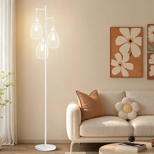 Dimmable Floor Lamp, 3 x 800LM LED Edison Bulbs Included, Farmhouse Industrial Floor Lamp Standing Lamp with Elegant Teardrop Cage Head Tall Lamp for Living Room Bedroom Office Dining Room - White