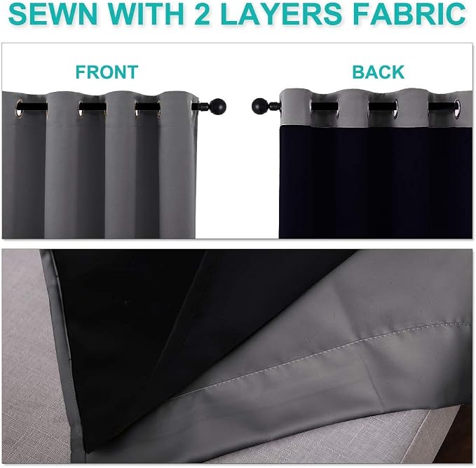 NICETOWN Grey Blackout Curtains for Bedroom 37" Wide x 50" Long 2 Panels | Short Curtains with Black Liners Solid Thermal Insulated Full Room Darkening 2-Layer Lined Drapes Energy Efficiency Decor