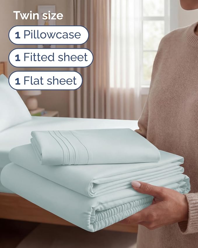 Twin Size 3 Piece Sheet Set - Comfy Breathable & Cooling Sheets - Ice Blue | Hotel Luxury Bed Sheets for Women & Men, Deep Pockets, Easy-Fit, Extra Soft and Wrinkle Free Sheets, Oeko-Tex Bed Sheet Set