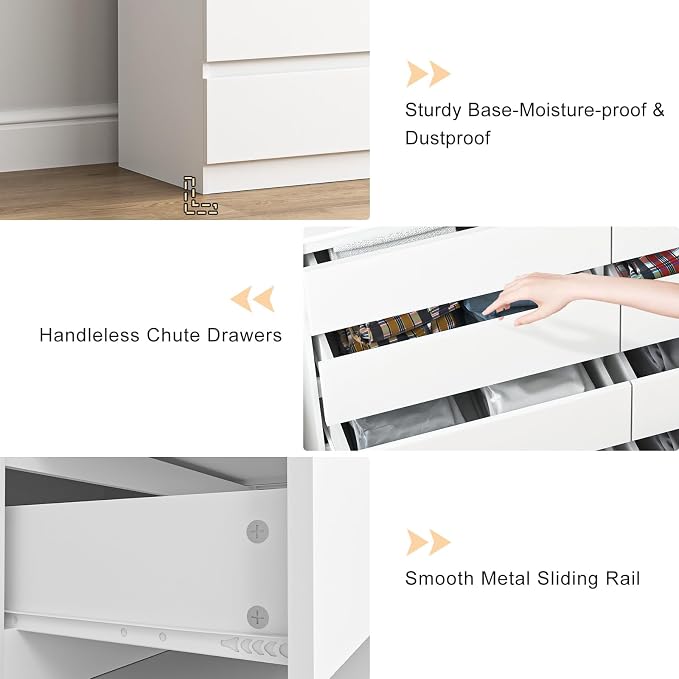 Vibe & Dine 8 Drawer Double Dresser, Modern Chest of Drawers with Wide Storage for Closet, Bedroom, Living Room, White