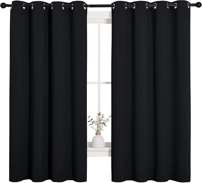 NICETOWN Black Blackout Curtains for Bathroom 55" Wide x 68" Long 2 Panels | Solid Thermal Insulated Grommet Drapes Drapery Panels for Window, Noise Reducing Room Darkening Window Treatment Decor