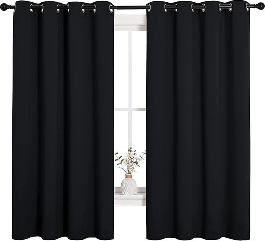 NICETOWN Black Blackout Curtains for Bathroom 55" Wide x 68" Long 2 Panels | Solid Thermal Insulated Grommet Drapes Drapery Panels for Window, Noise Reducing Room Darkening Window Treatment Decor