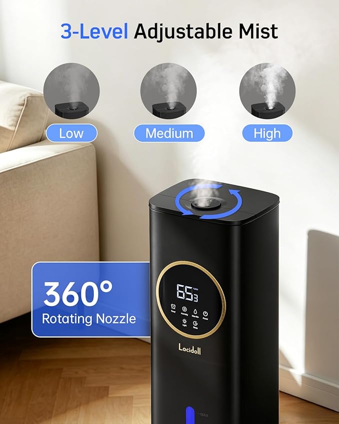 LACIDOLL Humidifiers for Bedroom 500 sq ft, 2.1Gal/8L Humidifier large room | Night Light & Essential Oil Diffuser, Top Fill Large Room Humidifiers for Home Baby Nursery Office Plants, Black