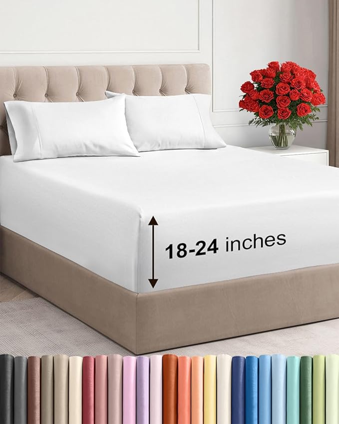 Extra Deep Cal King Sheet Set - 4 Piece Breathable & Cooling Sheets - White | Easily Fits 18 to 24 inch Mattress, Ultra Soft, Wrinkle & Fade Free with Extra Deep Pockets, Comfy Hotel Luxury Bedding