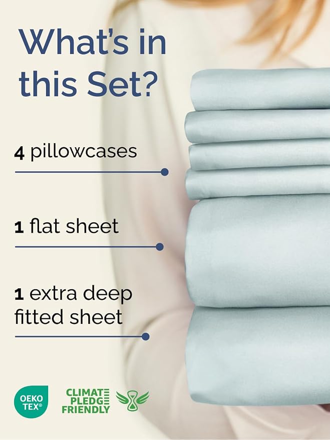 Extra Deep King Sheet Set - 6 Piece Breathable & Cooling Sheets - Ice Blue | Hotel Luxury Bed Sheets Set, Easy & Secure Fit, Ultra-Soft, Wrinkle & Fade Free, Comfy Sheets Set with Extra Deep Pockets