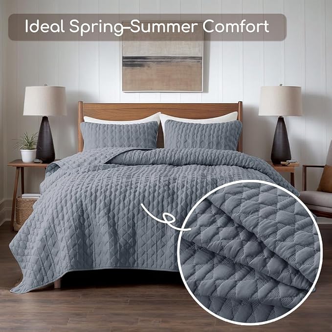WDCOZY Blue Quilt King Size Bedding Sets with 2 Pillow Shams, Lightweight Soft Bedspread Coverlet, Quilted Blanket Thin Comforter Bed Cover for All Season, 3 Pieces, 104x90 inches