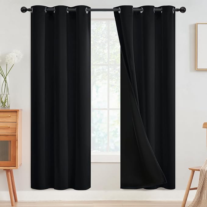 SimpleHome Black 100% Blackout Curtains Room Darkening Living Room 72 Inch | Curtains for Bedroom,Thermal Insulated Grommet Window Drapes,Curtains for Living Room with Black Back,42 x 72 Inch,2 Panels