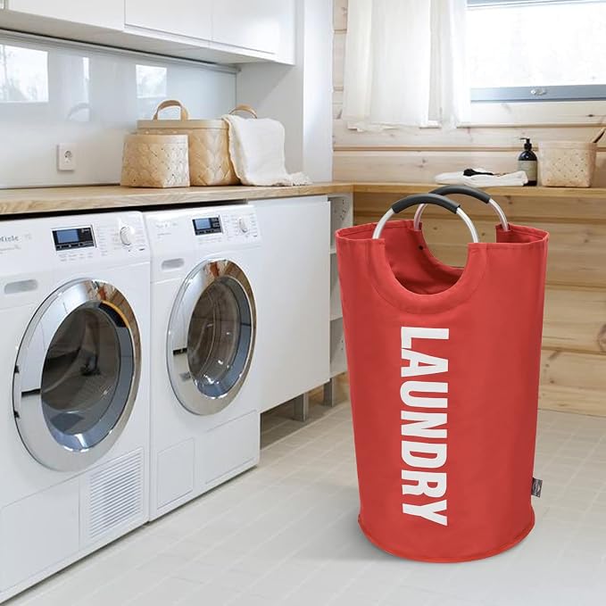 DOKEHOM 125L X-Large Laundry Basket Bag, Collapsible Tall Hamper, Red | Freestanding tall washing bin & foldable laundry bag. Extra large clothes storage basket with durable sturdy handles