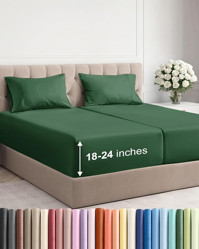 Extra Deep Split King Sheet Set - 5 Piece Cooling Sheets - Emerald Green | Easily Fits 18 to 24 inch Mattress - Ultra Soft, Wrinkle & Fade Free with Extra Deep Pockets - Comfy Hotel Luxury Bedding