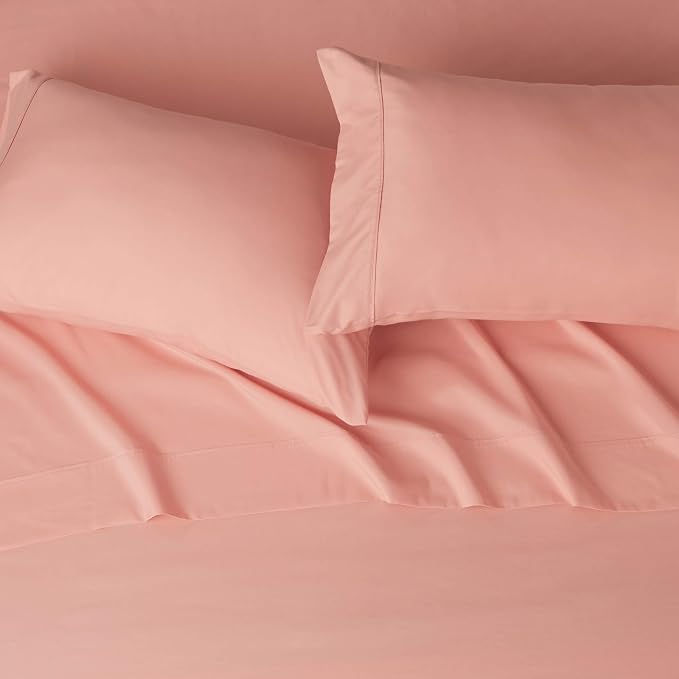 Amazon Basics Breathable, Wrinkle Free Lightweight Microfiber 4-Piece Bed Sheet Set with 14-Inch Deep Pockets, Includes Comfortable Pillowcases, Queen, Peachy Coral, Solid