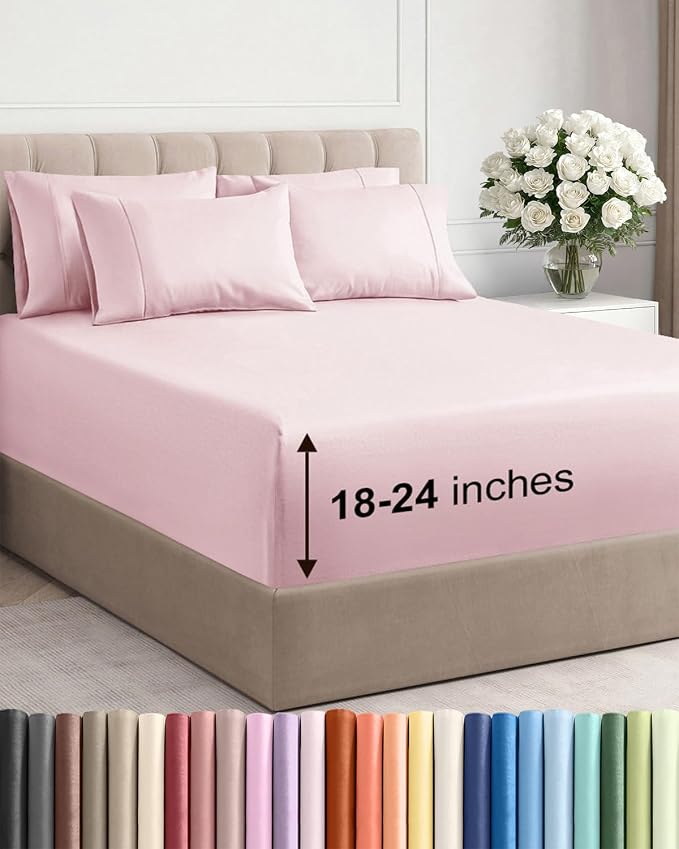 Extra Deep Cal King Sheet Set - 6 Piece Cooling Bed Sheets - Lavender Pink | Hotel Luxury Bed Sheets Set, Easy & Secure Fit, Ultra-Soft, Wrinkle & Fade Free, Comfy Sheets Set with Extra Deep Pockets