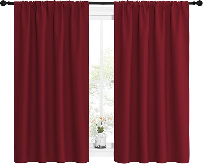 NICETOWN Burgundy Red Blackout Curtains for Loft 42" w x 54" L 2 Panels | Christmas Lights Block Out Window Treatment Short Curtain Sets for Basement Decoration, Light Blocking Noise Reducing Decor