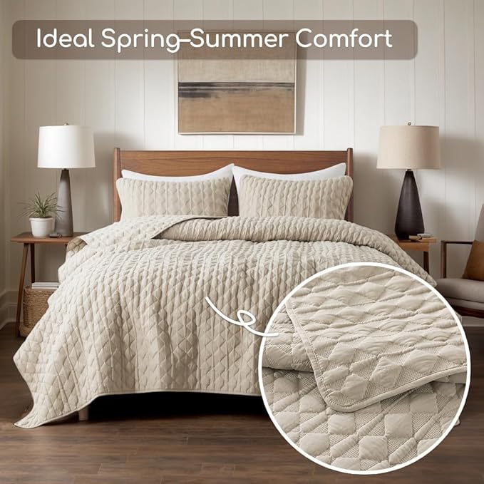 WDCOZY Beige Quilt Twin Size Bedding Sets with 1 Pillow Sham, Lightweight Bedspread Coverlet, Twin XL Thin Comforter Bed Cover, All Season Summer Spring, Tan Cream, 2 Pieces, 68x90 inches
